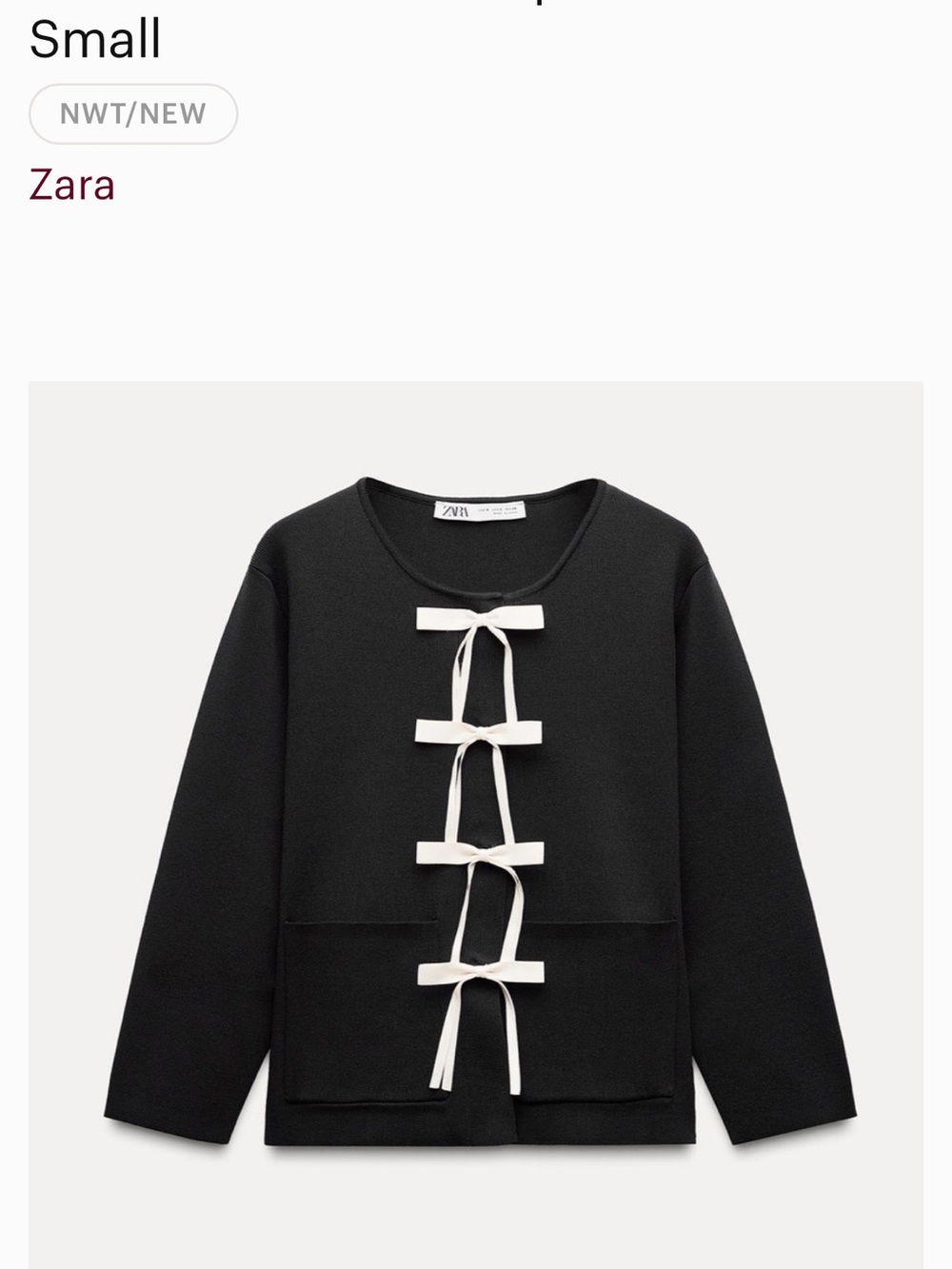 Zara Black Crewneck Sweater with Cream Bow Accents